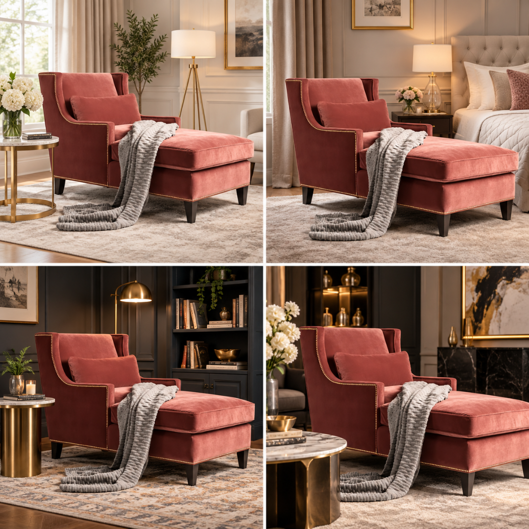 Wooden Twist Majestic Wingback Velvet Chaise Lounge Red – Room Setting Collage