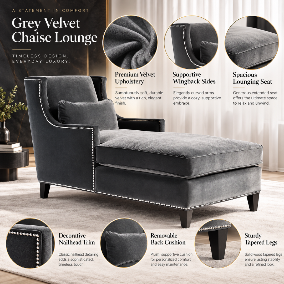 Wooden Twist Majestic Wingback Velvet Chaise Lounge Grey – Velvet Chaise Lounge Features Infographic