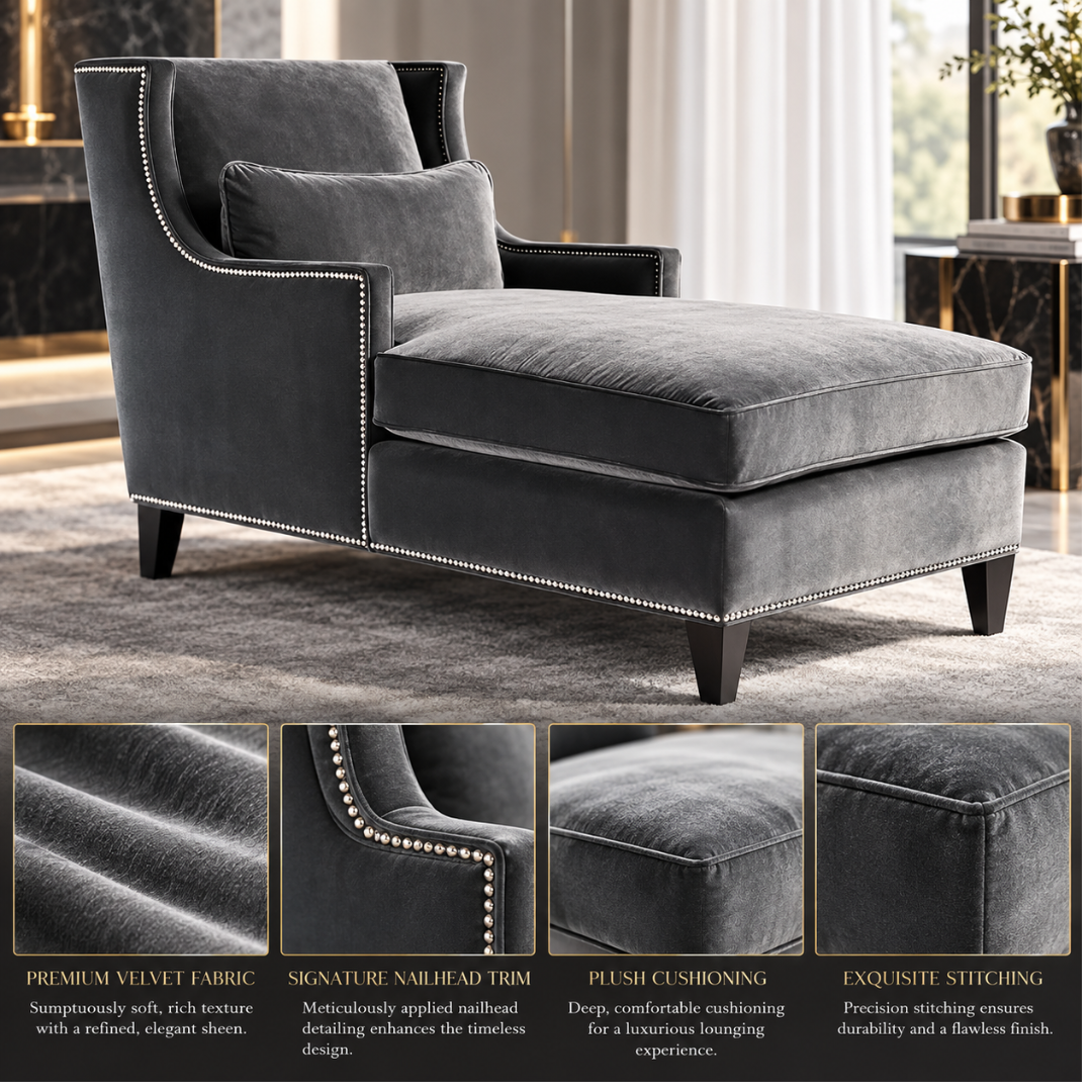 Wooden Twist Majestic Wingback Velvet Chaise Lounge Grey – Living Room with Velvet and Nailhead Close-Ups