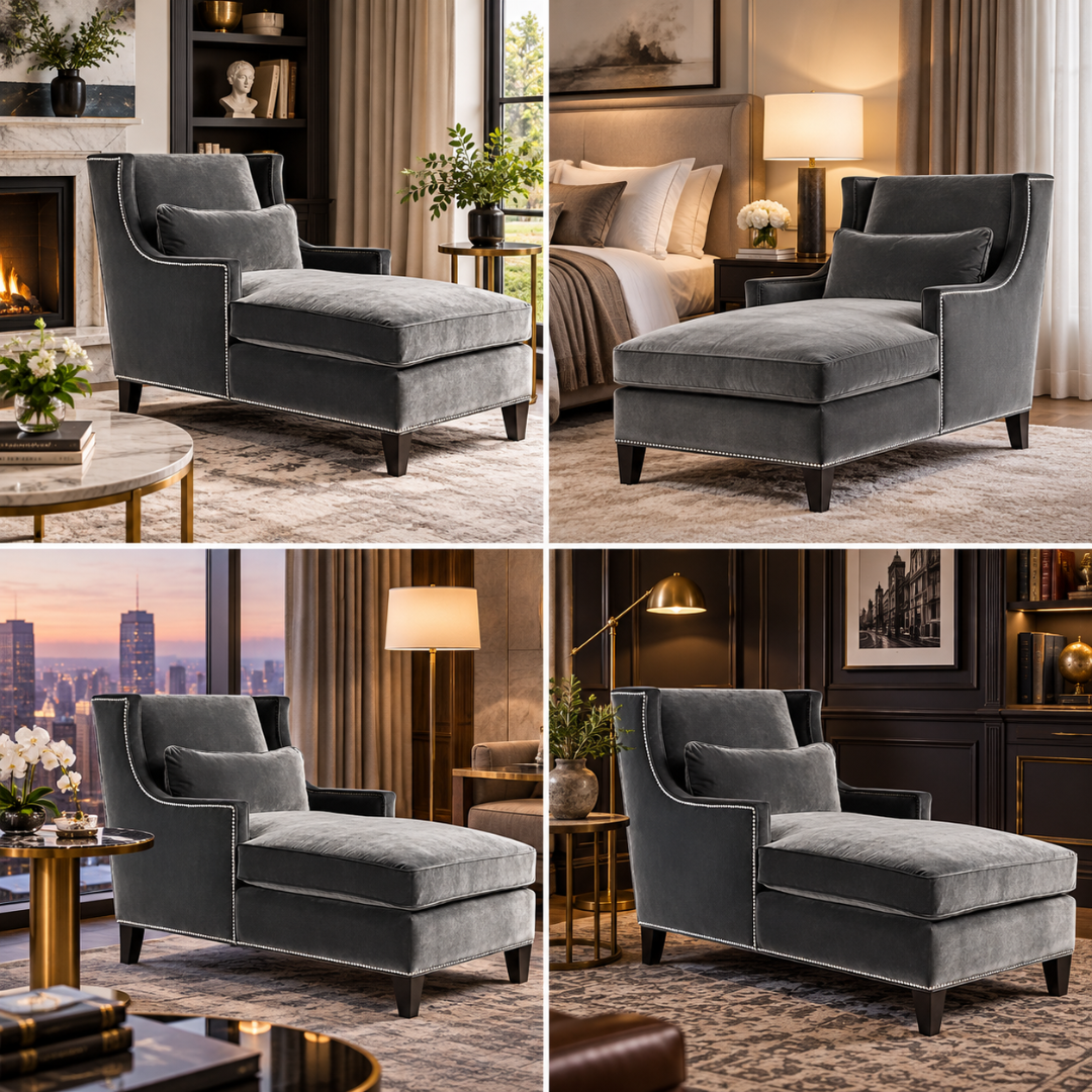 Wooden Twist Majestic Wingback Velvet Chaise Lounge Grey – Room Setting Collage