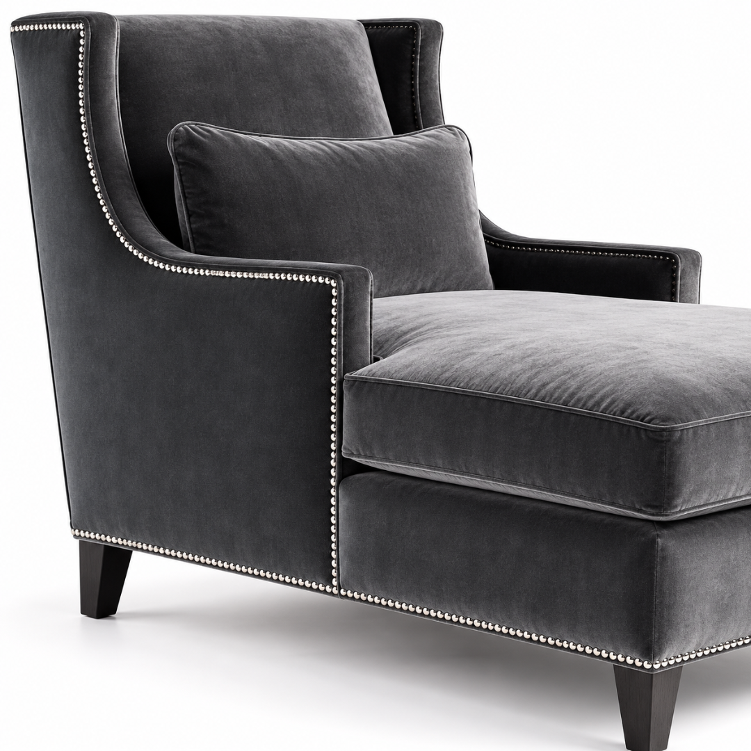 Wooden Twist Majestic Wingback Velvet Chaise Lounge Grey – Wingback and Nailhead Trim Close-Up