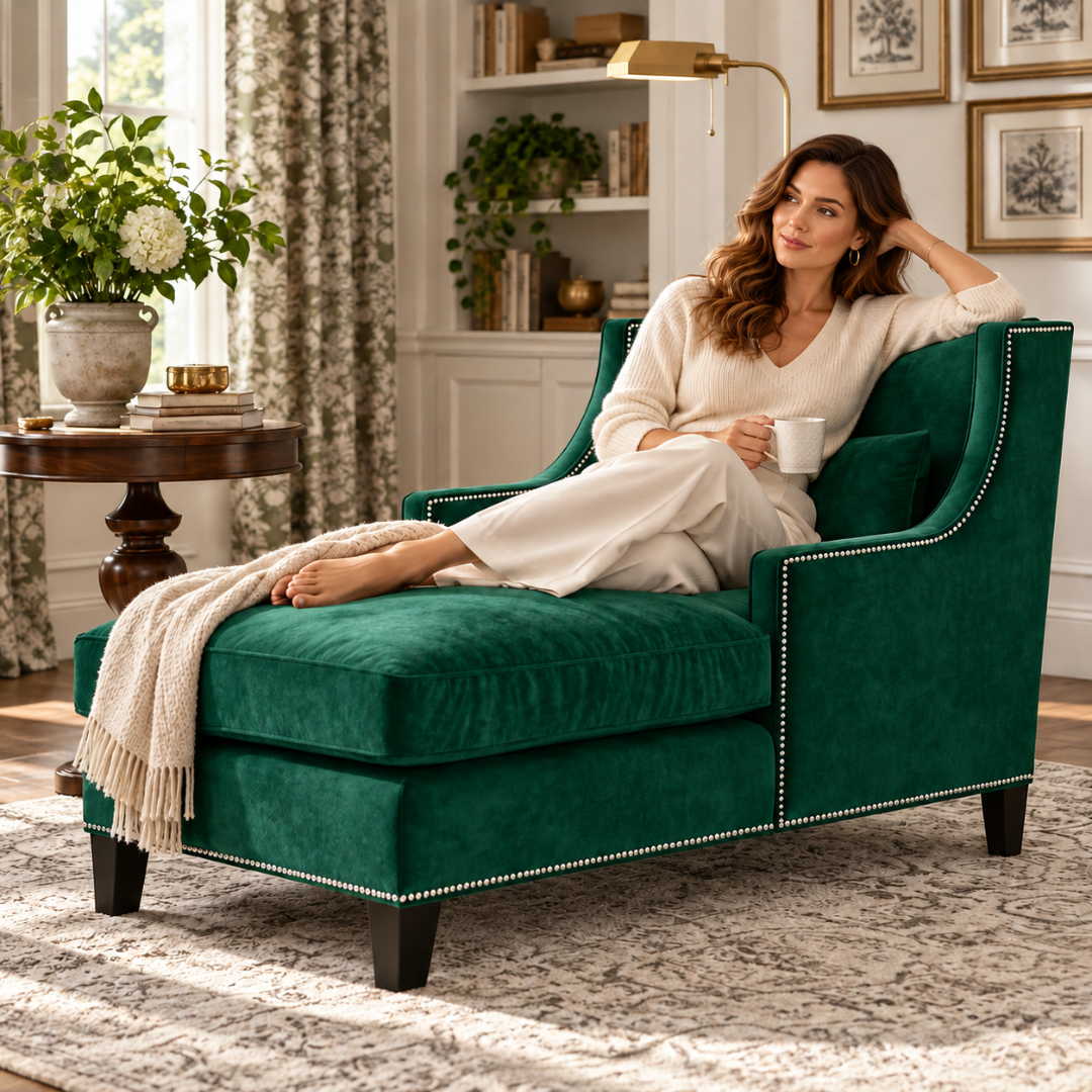 Wooden Twist Majestic Wingback Velvet Chaise Lounge Green – Woman Relaxing on Chaise