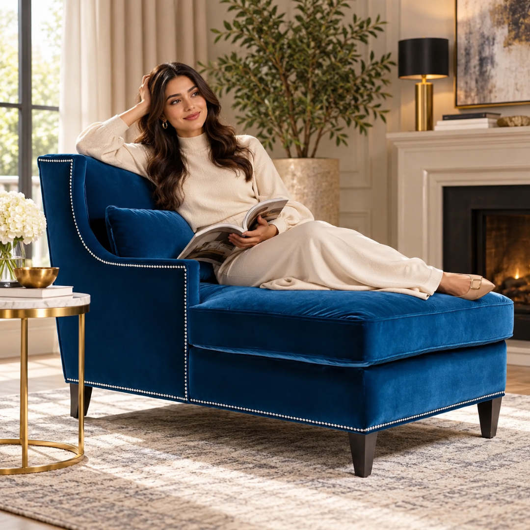 Wooden Twist Majestic Wingback Velvet Chaise Lounge Blue – Woman Reading on Chaise