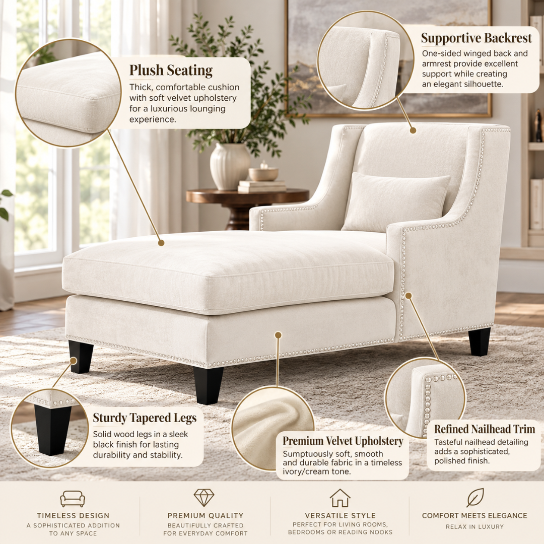 Wooden Twist Majestic Wingback Velvet Chaise Lounge Cream – Features: Plush Seating, Supportive Backrest, Tapered Legs