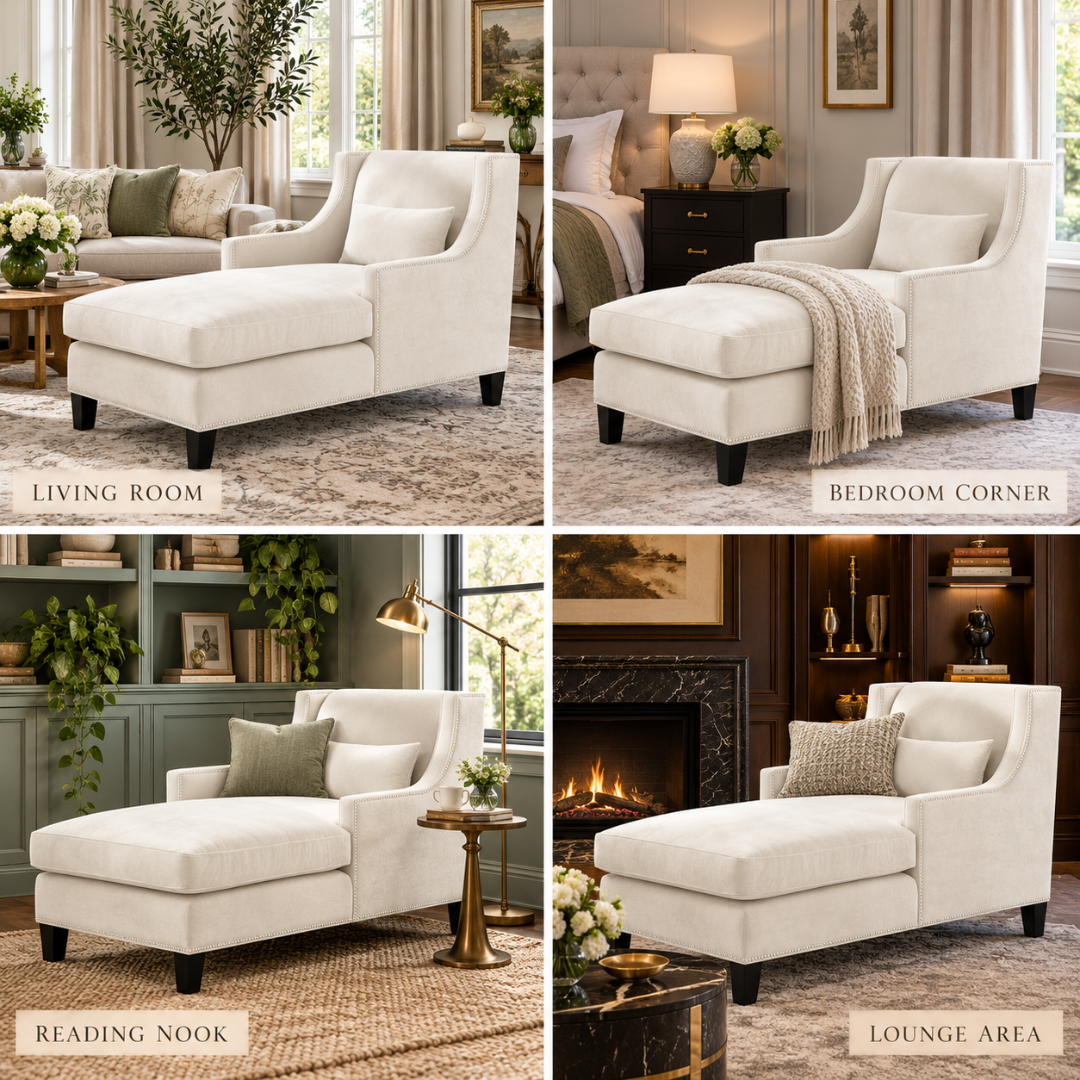 Wooden Twist Majestic Wingback Velvet Chaise Lounge Cream – Room Setting Collage