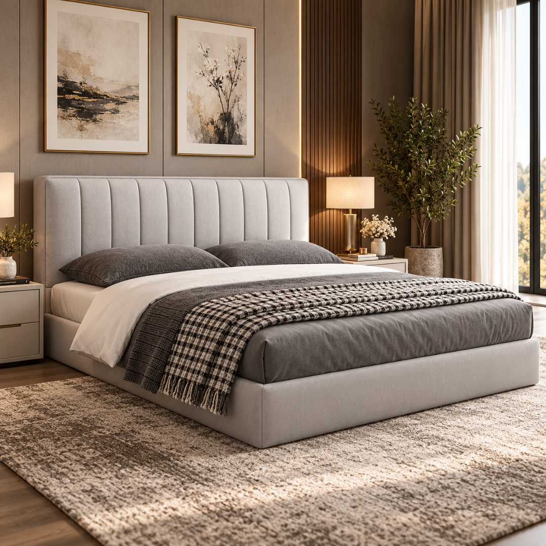 Wooden Twist Majesty Channel Tufted Velvet Bed Grey – luxury bedroom