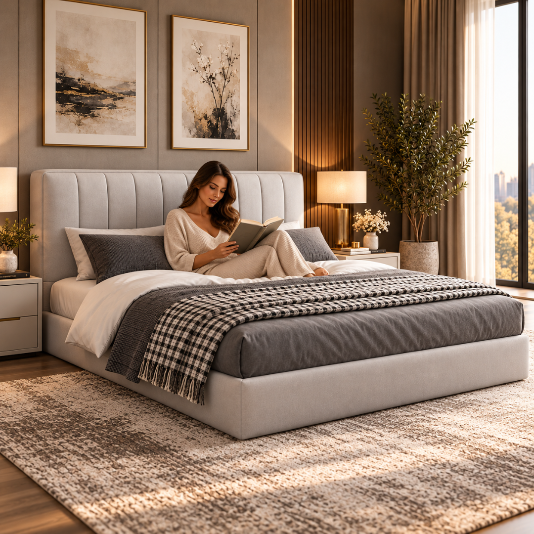 Wooden Twist Majesty Channel Tufted Velvet Bed Grey – woman reading in bed