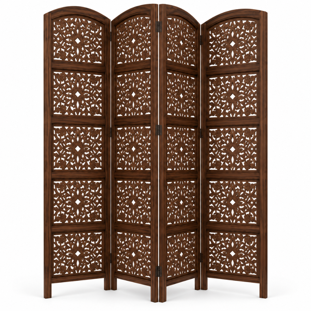 Wooden Twist Hand-Carved Mango Wood 4 Panel Room Divider Brown – folded angled view