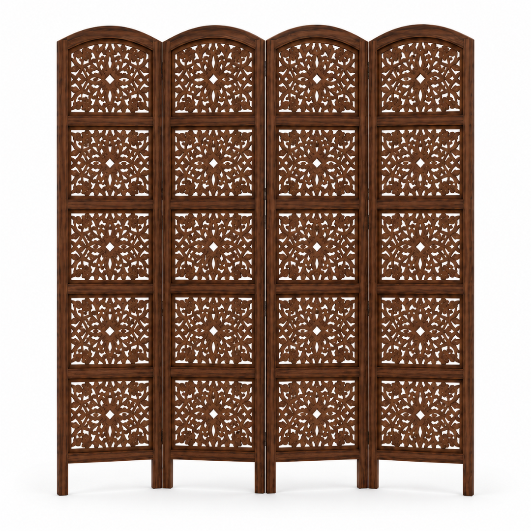 Wooden Twist Hand-Carved Mango Wood 4 Panel Room Divider Brown – front view