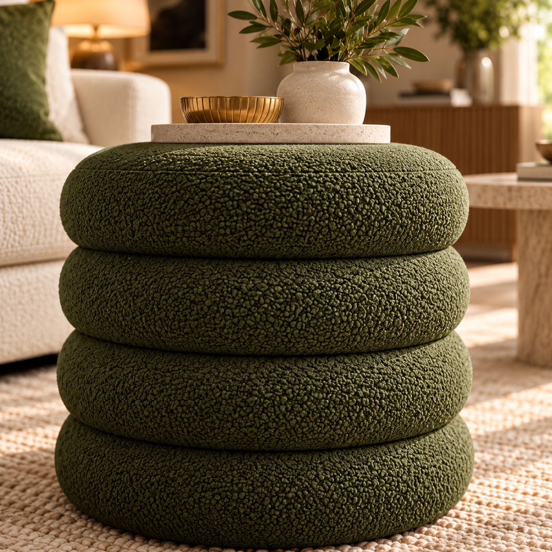 Wooden Twist Marlo olive green boucle stacked-ring pouf used as a side table beside a cream sofa