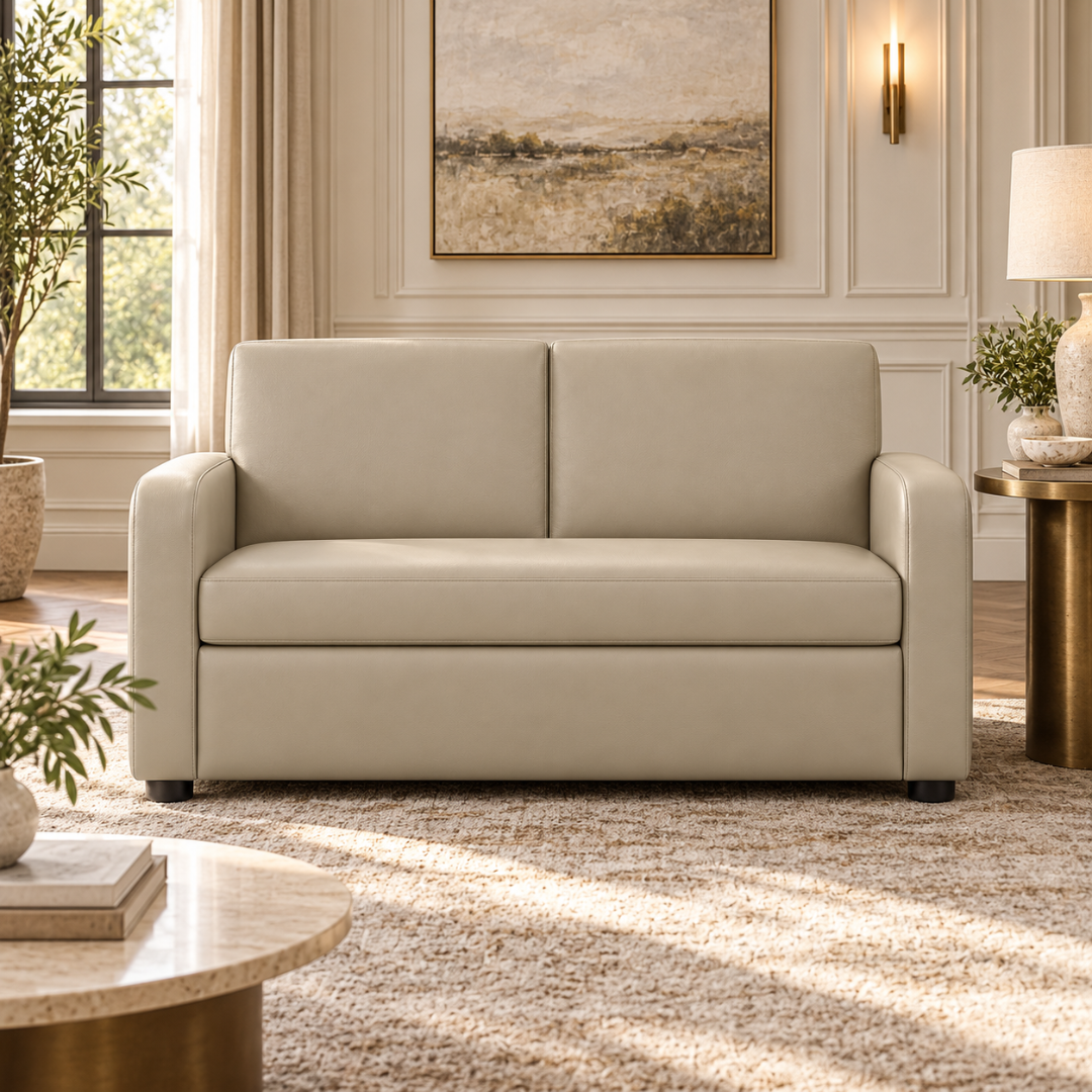 Wooden Twist Medora Care 2 Seater PU Leather Sofa Beige – in a classic living room with gold side table