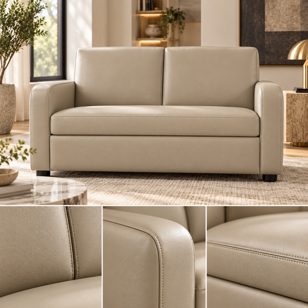 Wooden Twist Medora Care 2 Seater PU Leather Sofa Beige – lifestyle view with close-ups of stitching, arm and seat cushion