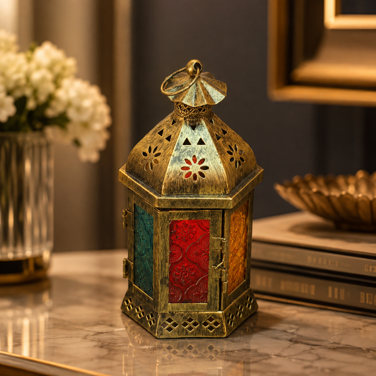 Wooden Twist Mehran Antique Brass Moroccan Lantern 20cm with Multicolor Embossed Glass - lifestyle view on console table