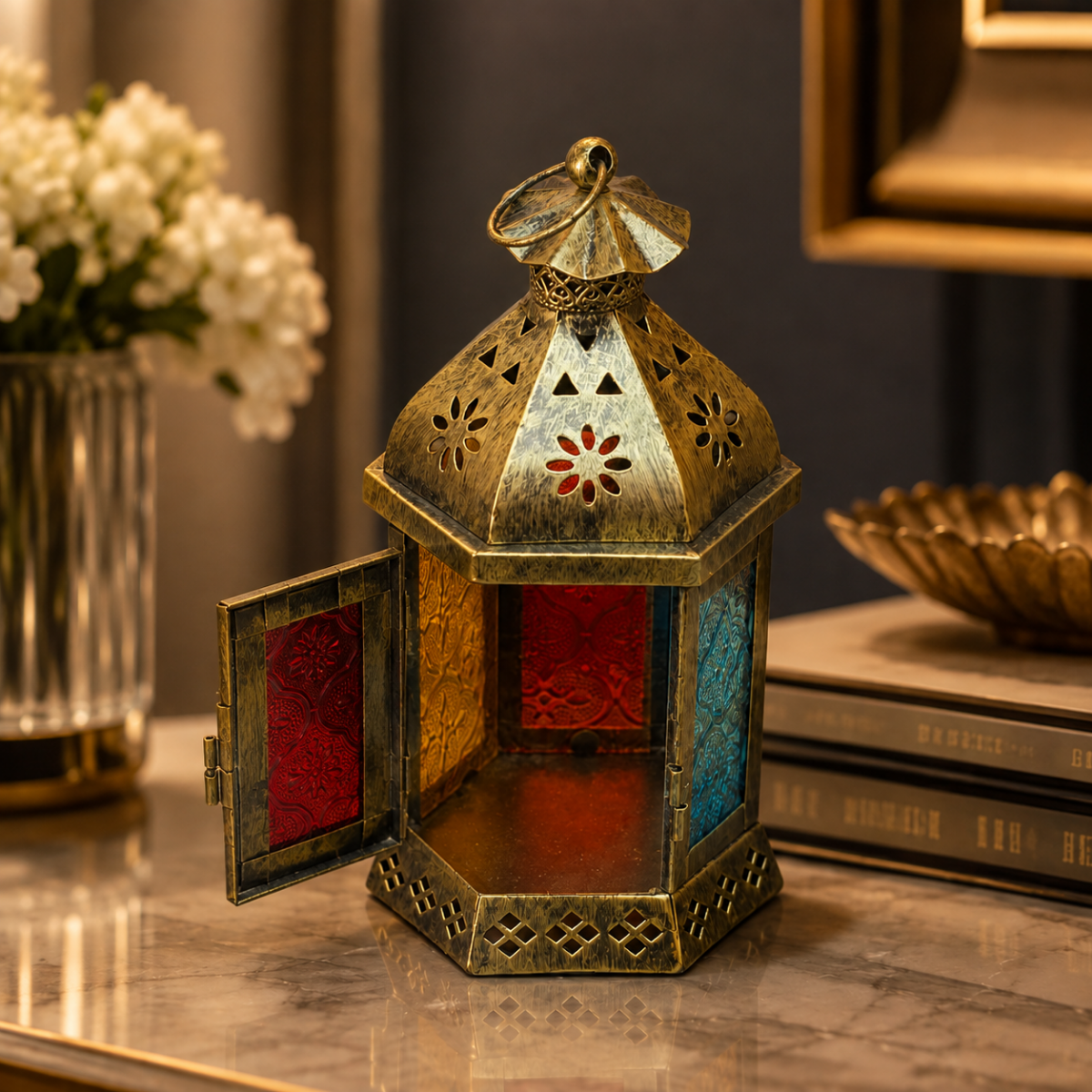 Wooden Twist Mehran Antique Brass Moroccan Lantern 20cm - product view showing teal, red and amber glass panels