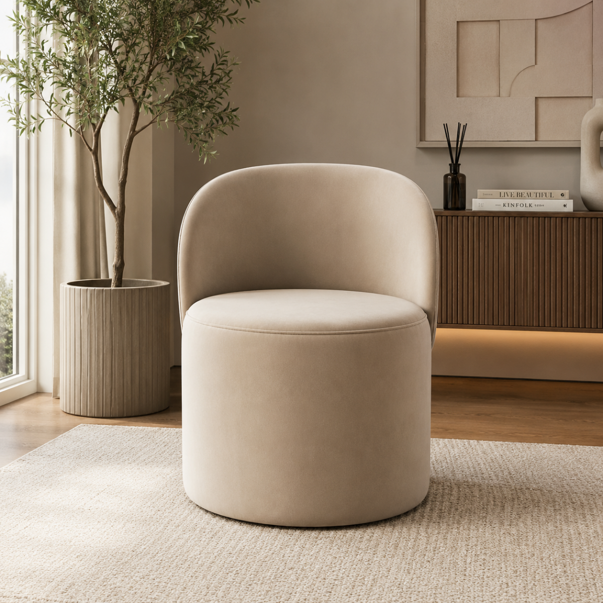 Wooden Twist Luxe Round Velvet Accent Chair with Ergonomic Curved Backrest – Living Room, Bedroom & Lounge