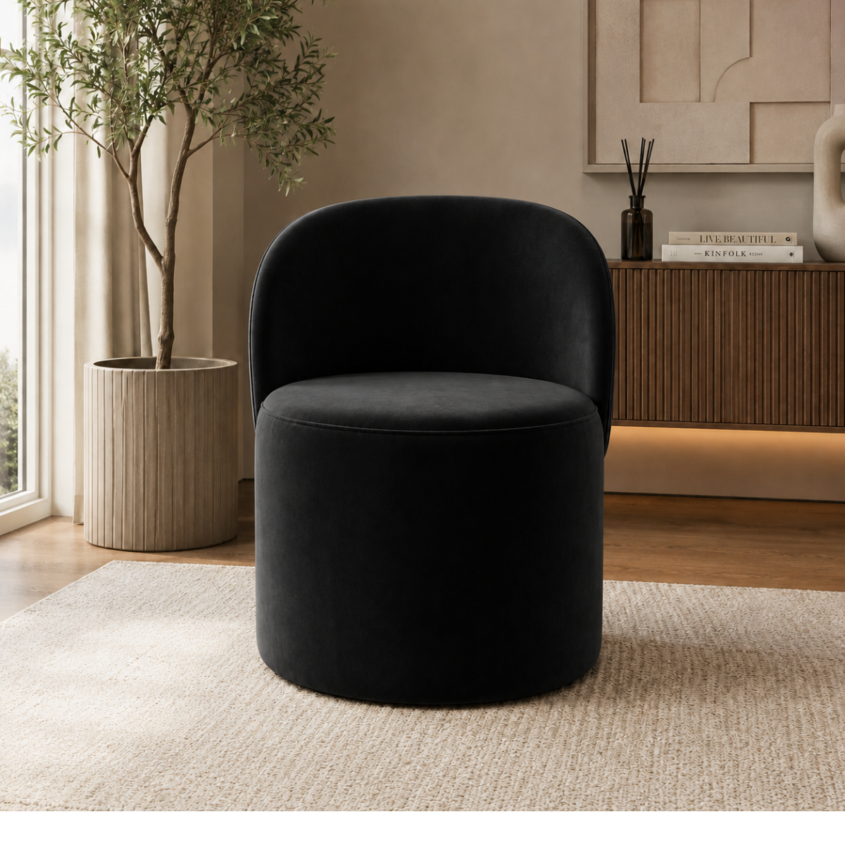 Wooden Twist Luxe Round Velvet Accent Chair with Ergonomic Curved Backrest – Living Room, Bedroom & Lounge