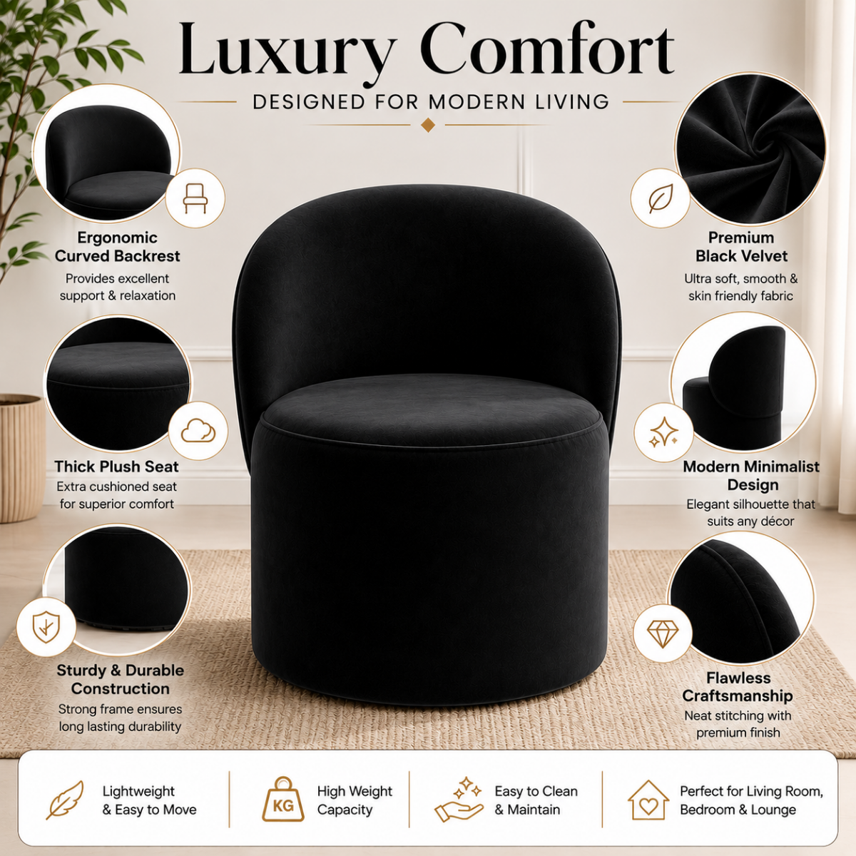 Wooden Twist Luxe Round Velvet Accent Chair with Ergonomic Curved Backrest – Living Room, Bedroom & Lounge