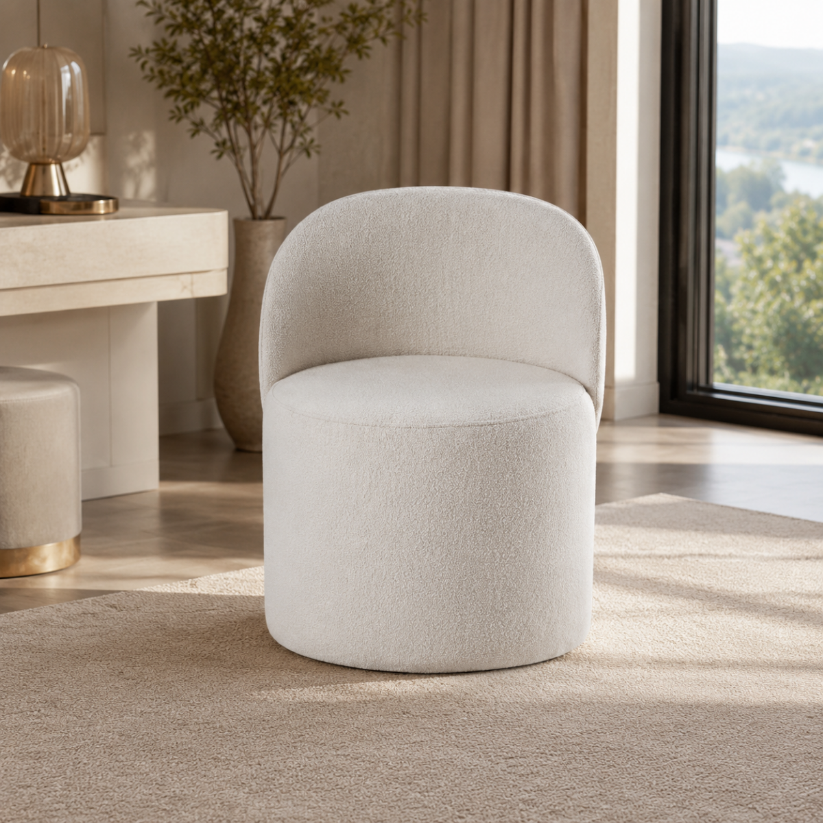 Wooden Twist Modern Boucle Fabric Accent Chair with Curved Backrest & Cushion Seat for Living Room