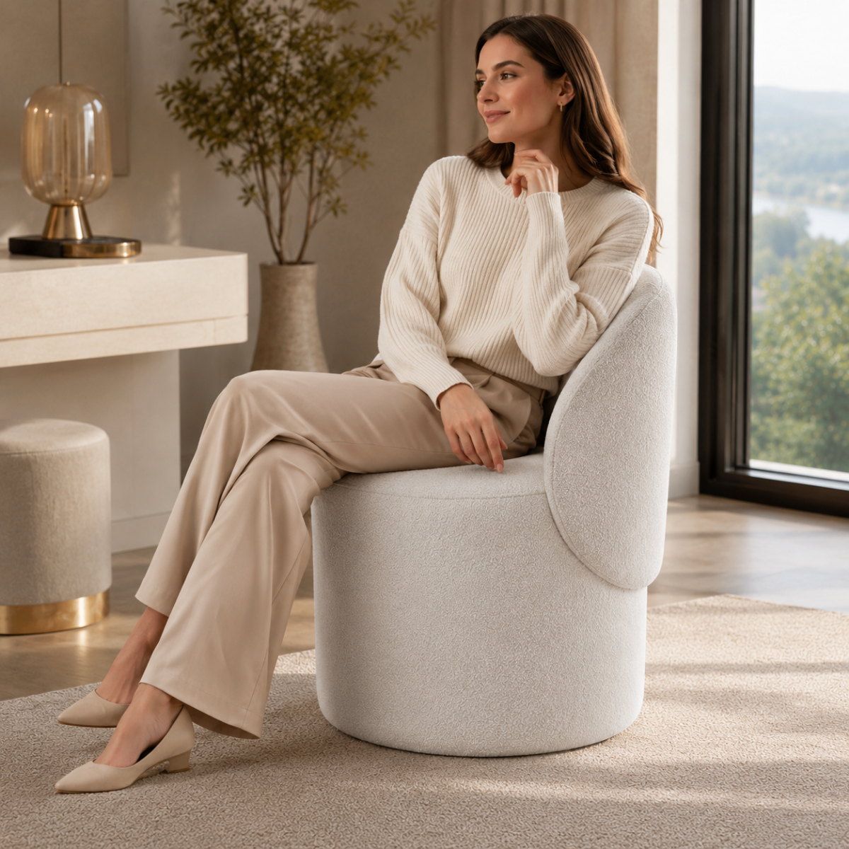 Wooden Twist Modern Boucle Fabric Accent Chair with Curved Backrest & Cushion Seat for Living Room