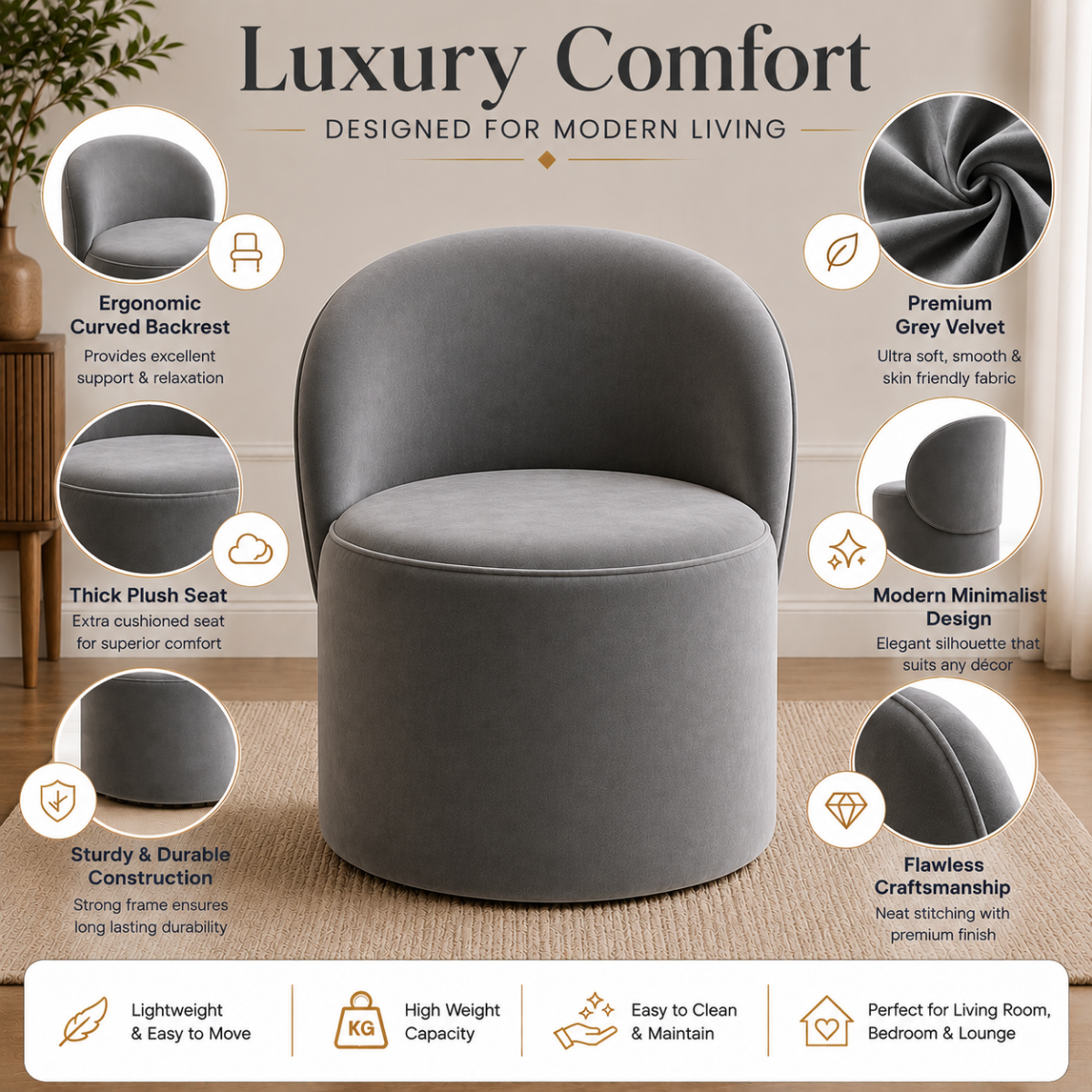 Wooden Twist Luxe Round Velvet Accent Chair with Ergonomic Curved Backrest – Living Room, Bedroom & Lounge