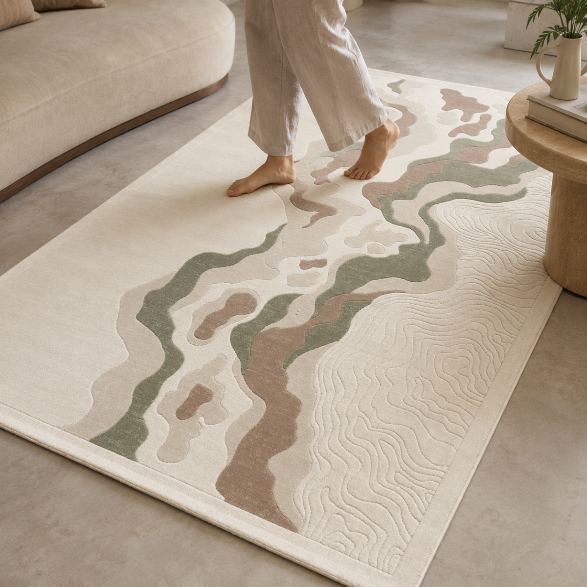Woman walking barefoot on Wooden Twist modern abstract Turkish area rug in Green