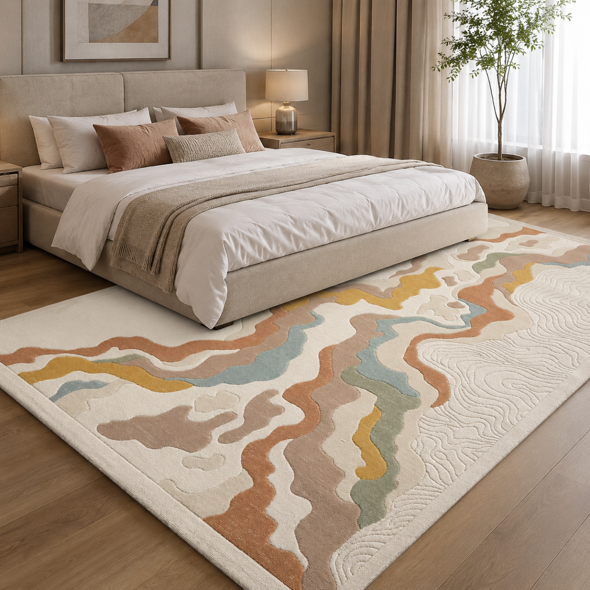 Wooden Twist modern abstract Turkish area rug 200x300cm - lifestyle view in bedroom