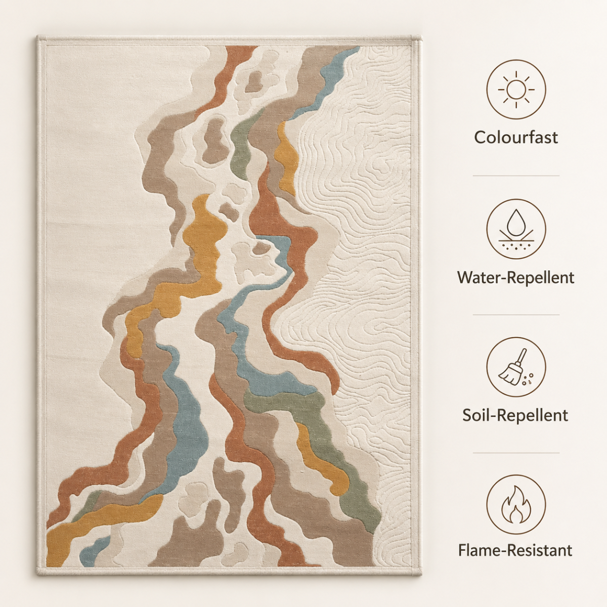 Wooden Twist Turkish area rug features - colourfast, water-repellent, soil-repellent, flame-resistant