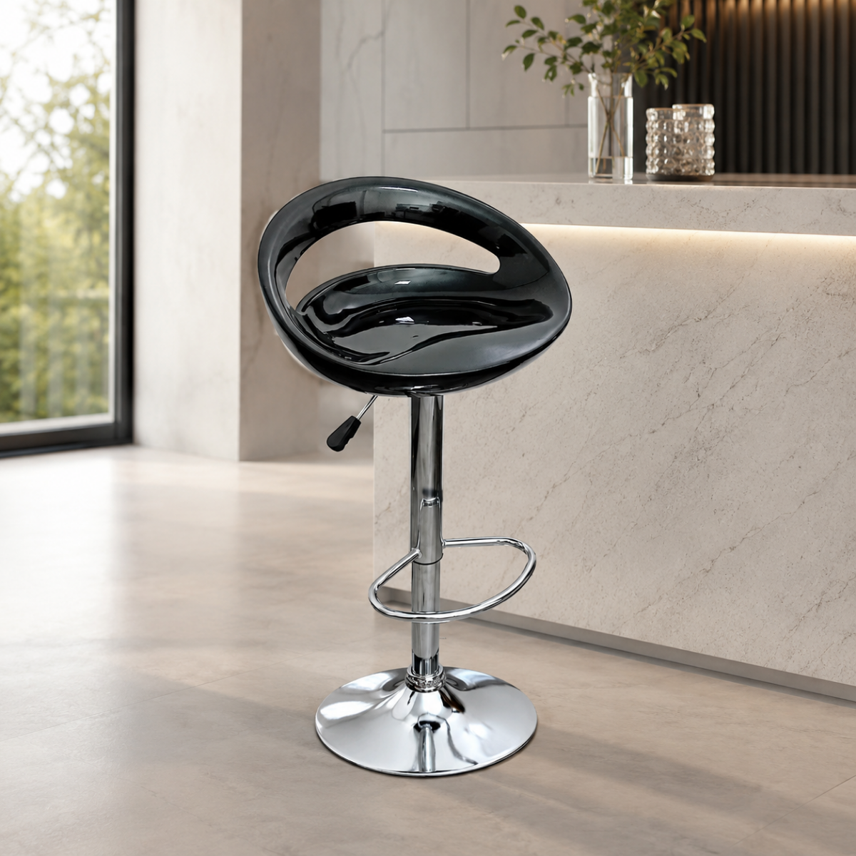 Wooden Twist Modern Adjustable Height Bar Stool with Glossy Polypropylene Crescent Seat & Chrome Base