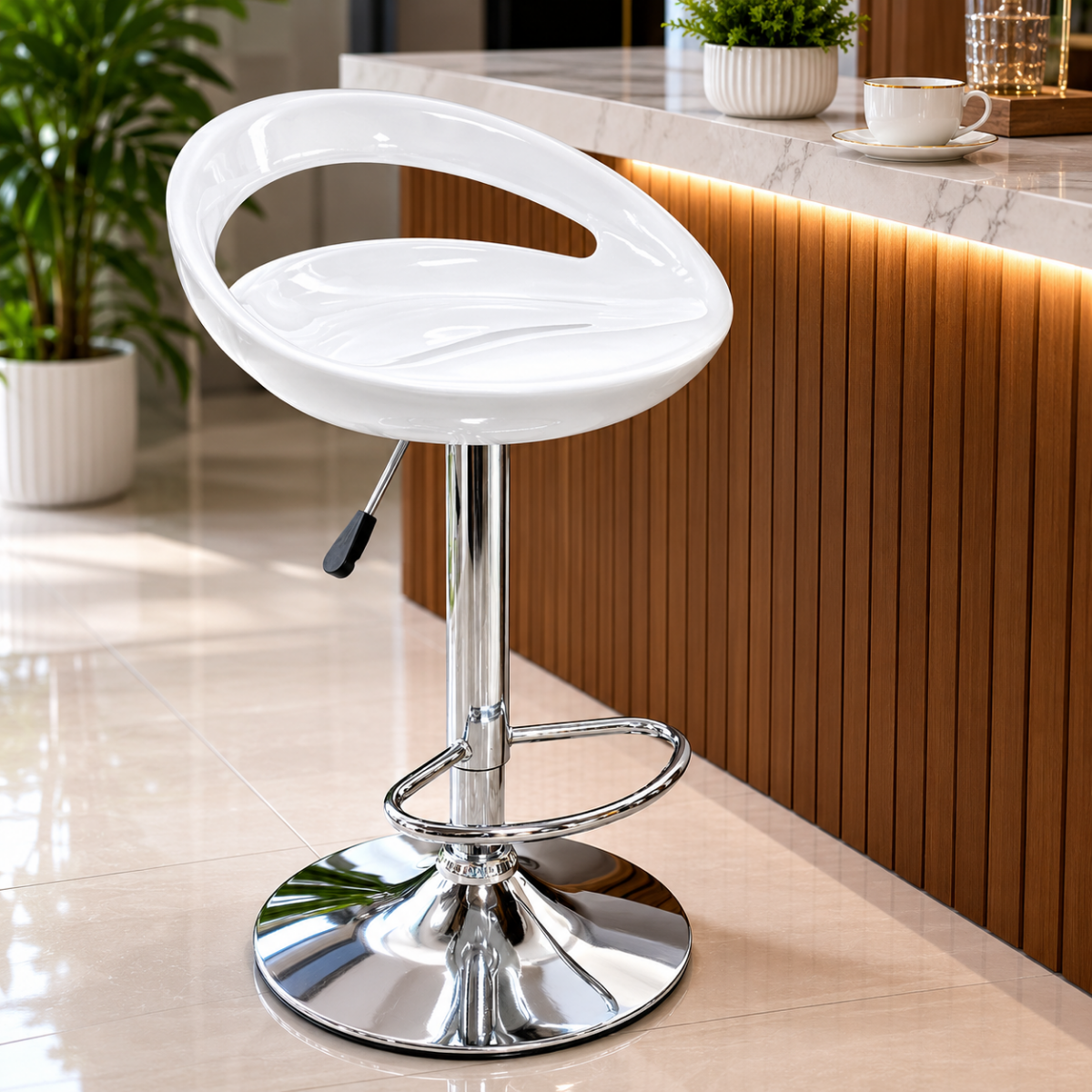 Wooden Twist Modern Adjustable Height Bar Stool with Glossy Polypropylene Crescent Seat & Chrome Base