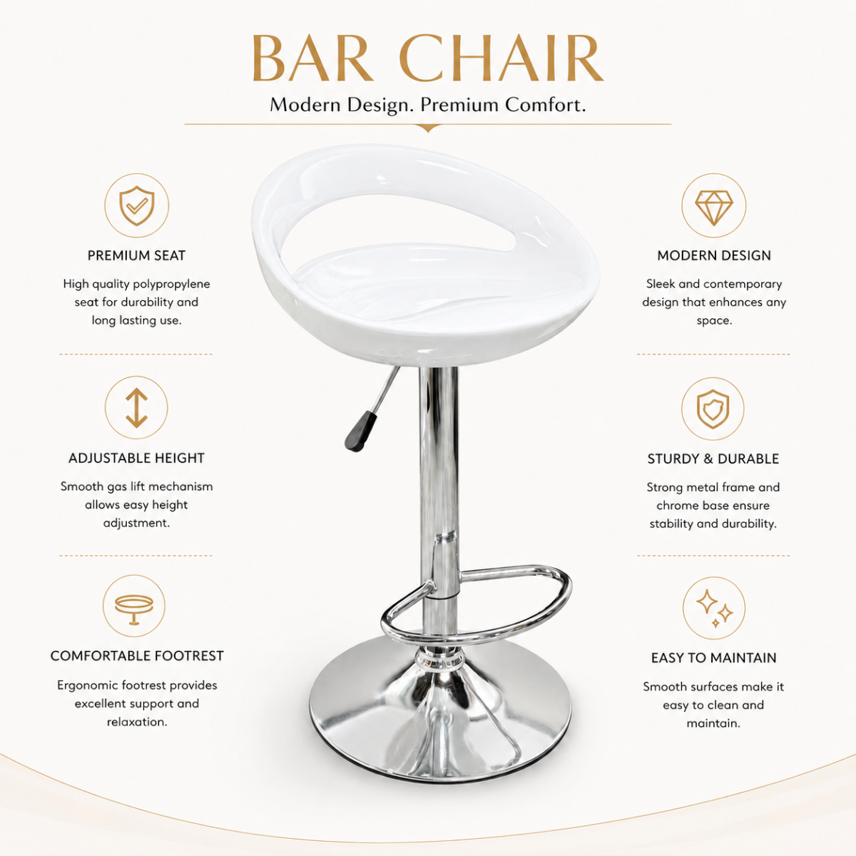Wooden Twist Modern Adjustable Height Bar Stool with Glossy Polypropylene Crescent Seat & Chrome Base