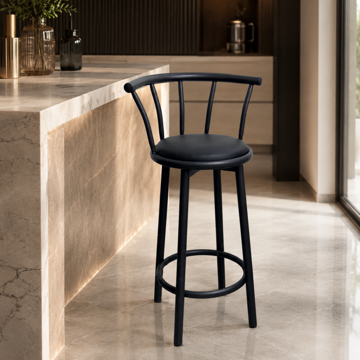 Wooden Twist Modern Black Metal Bar Chair with PU Leather Padded Seat & Ergonomic Curved Backrest