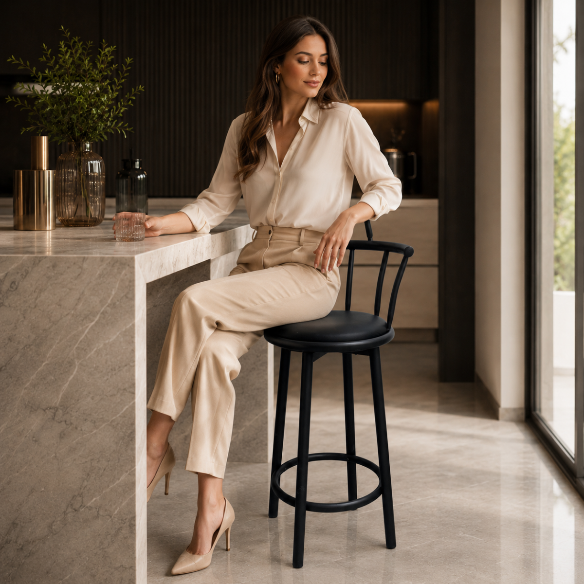 Wooden Twist Modern Black Metal Bar Chair with PU Leather Padded Seat & Ergonomic Curved Backrest
