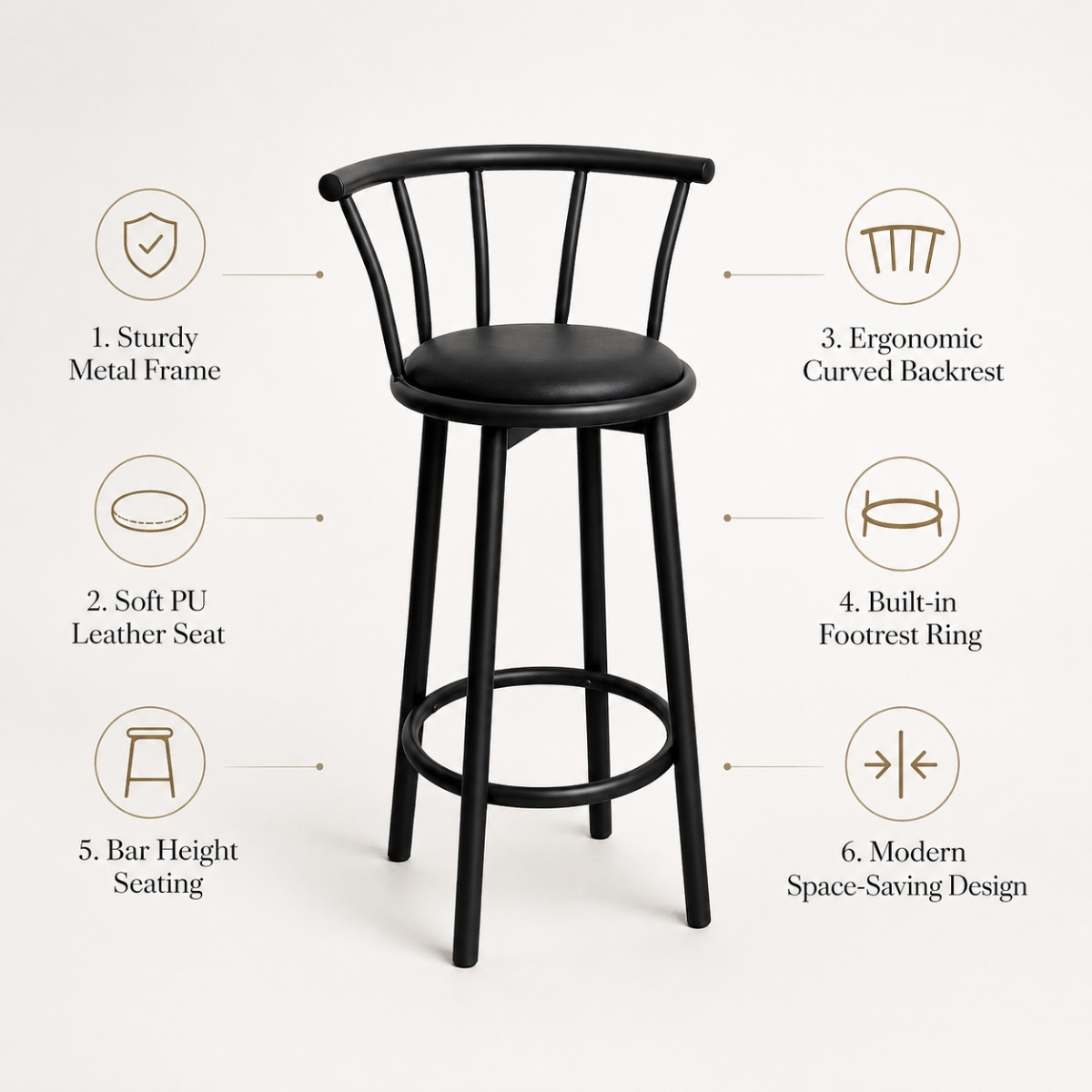 Wooden Twist Modern Black Metal Bar Chair with PU Leather Padded Seat & Ergonomic Curved Backrest