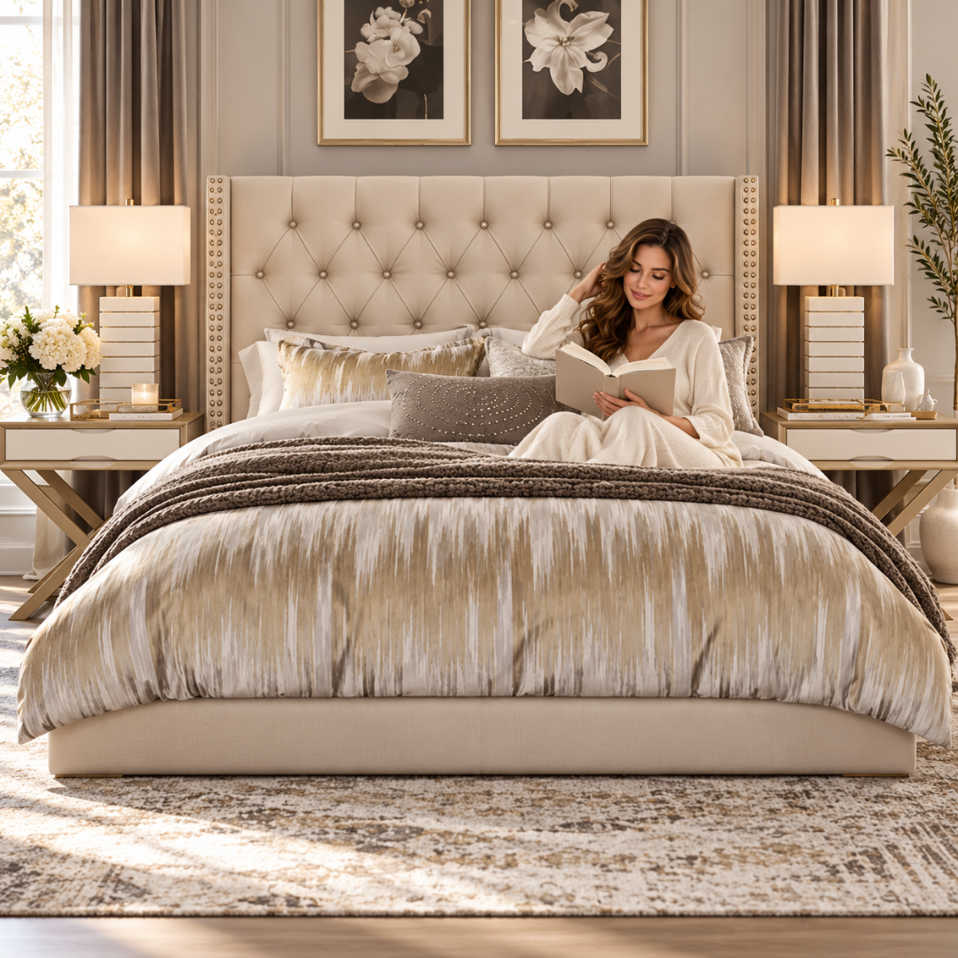 Wooden Twist Holland Wingback Tufted Velvet Bed Golden – woman reading in bed