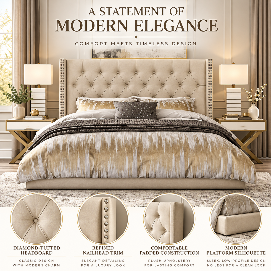 Wooden Twist Holland Wingback Tufted Velvet Bed Golden – design features