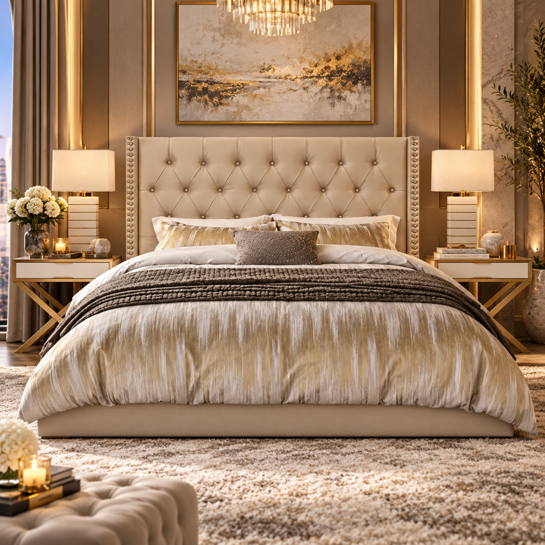 Wooden Twist Holland Wingback Tufted Velvet Bed Golden – front view in bedroom