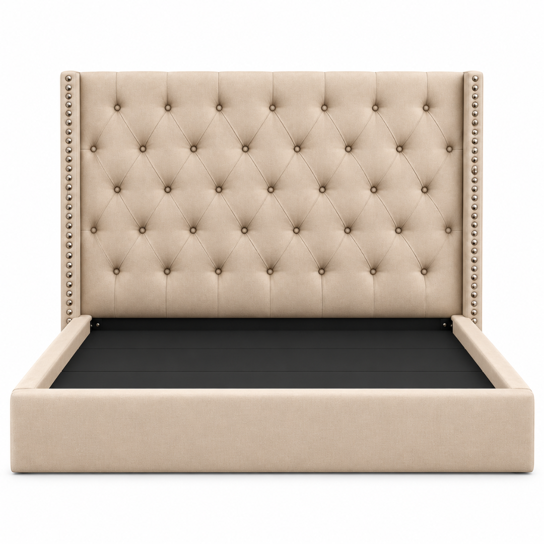 Wooden Twist Holland Wingback Tufted Velvet Bed Golden – frame front view