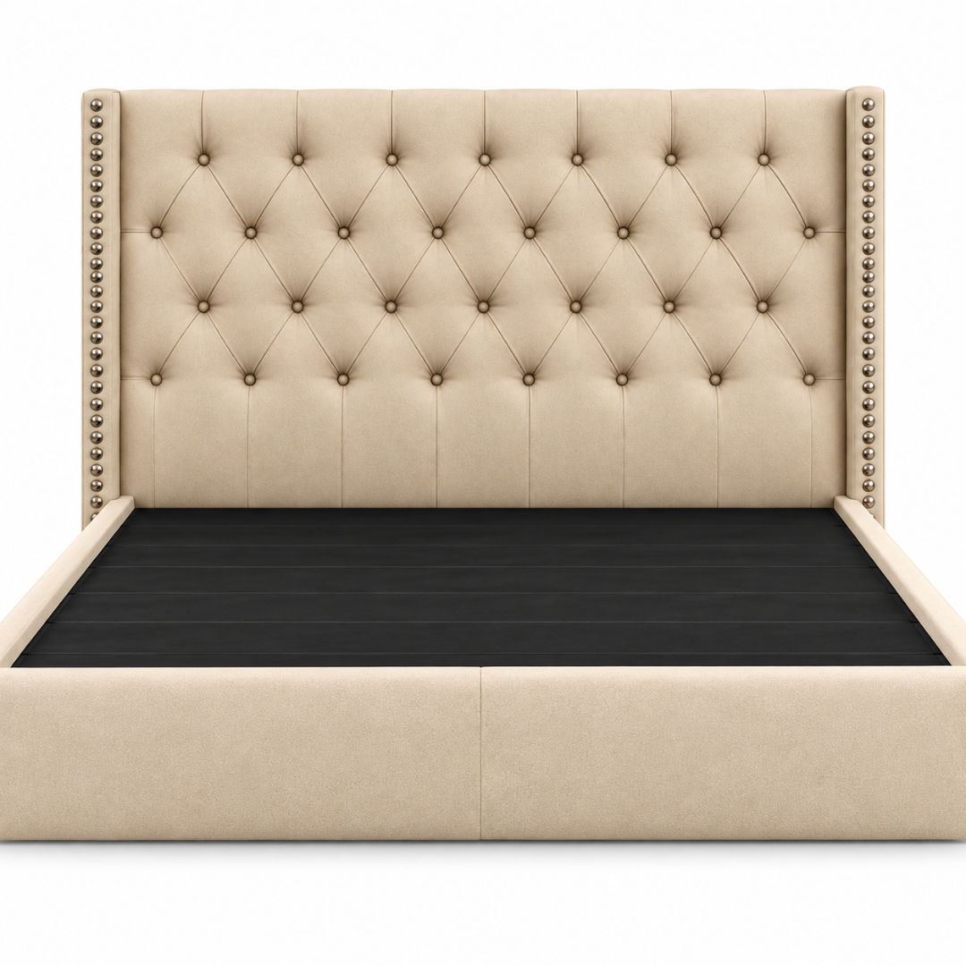 Wooden Twist Holland Wingback Tufted Velvet Bed Golden – tufted headboard and nailhead wings