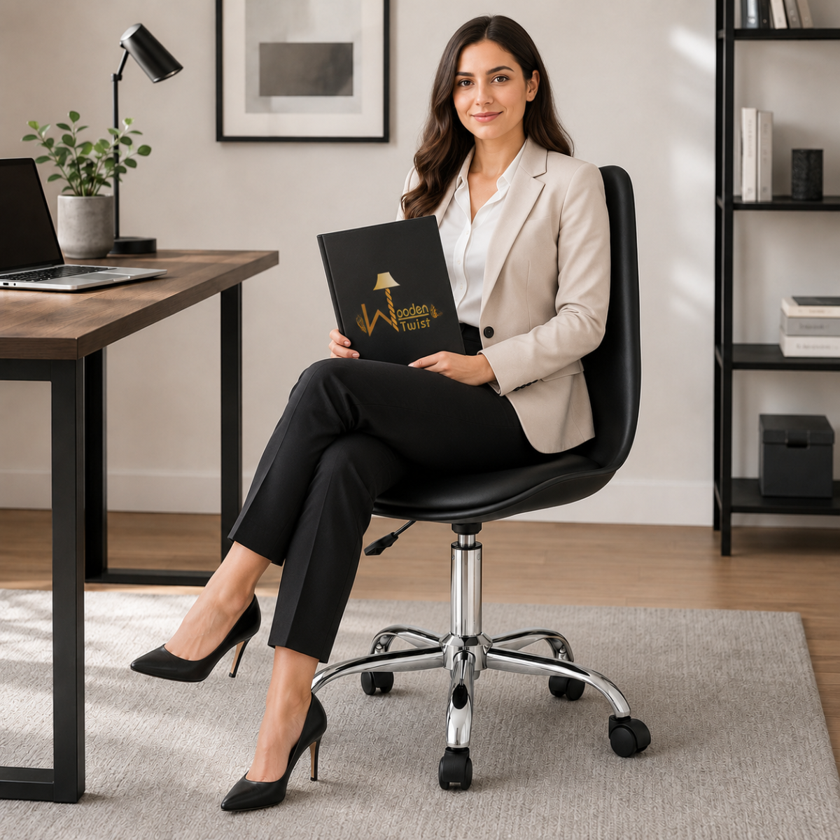 Woman sitting in a Wooden Twist black swivel office chair holding a Wooden Twist folder