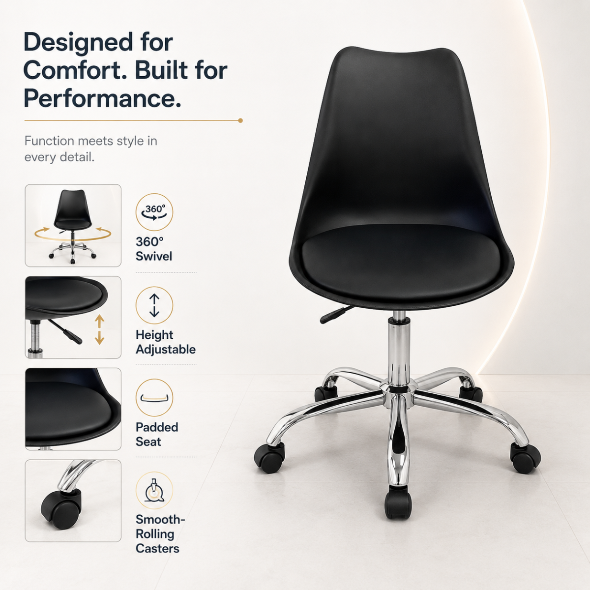 Wooden Twist black swivel office chair features - 360 swivel, height adjustable, padded seat, smooth-rolling casters
