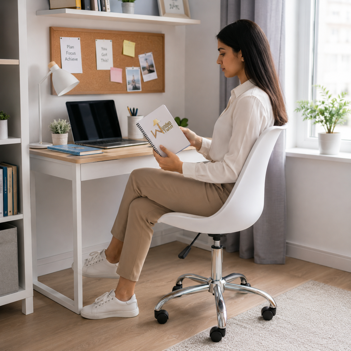 Woman reading in a Wooden Twist white swivel office chair at her desk