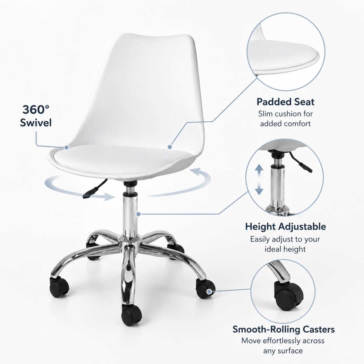 Wooden Twist white swivel office chair features - 360 swivel, height adjustable, padded seat, smooth-rolling casters