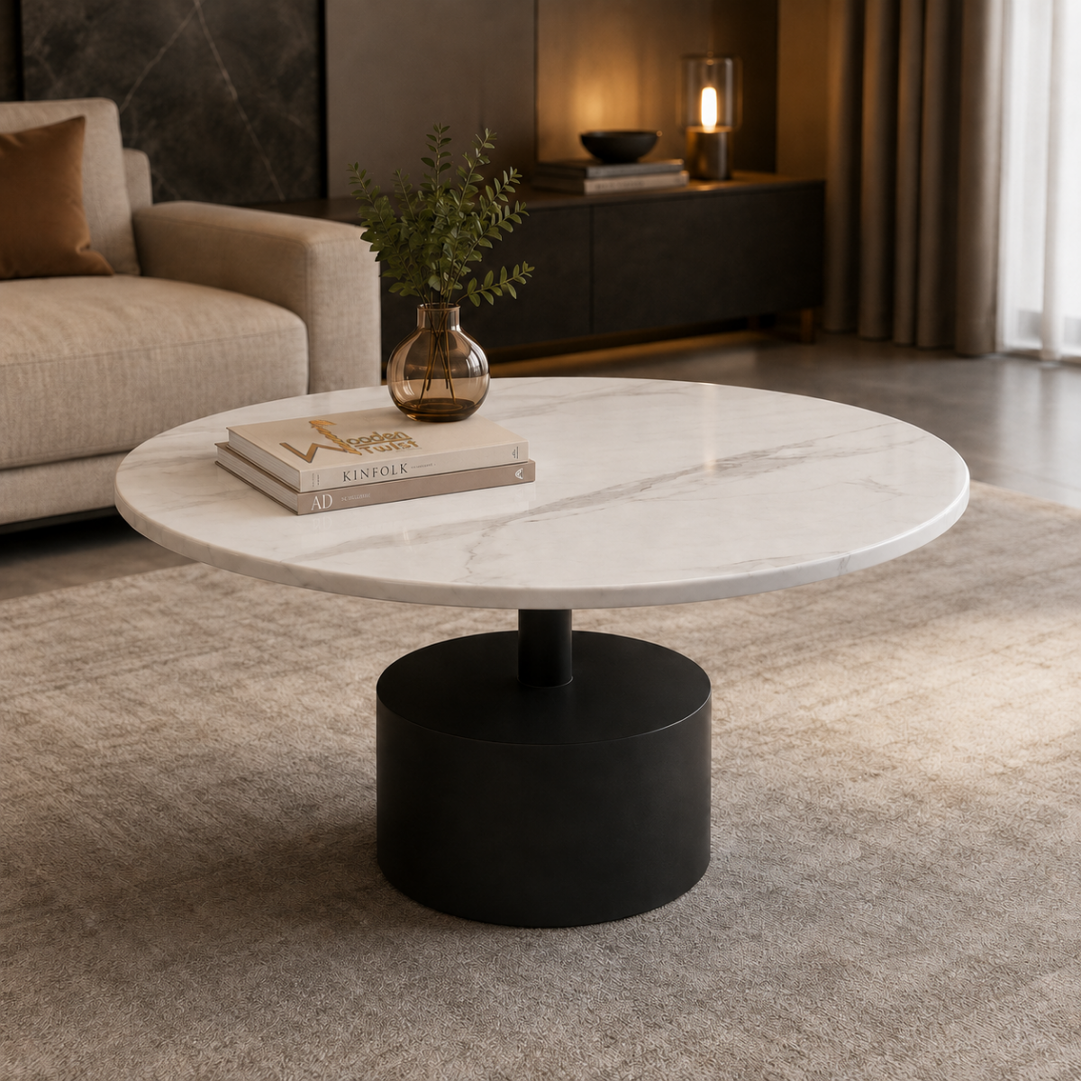 Wooden Twist Modern Round Sintered Stone Coffee Table 80cm - White Marble Look Top with Black Metal Pedestal Base, living room lifestyle view