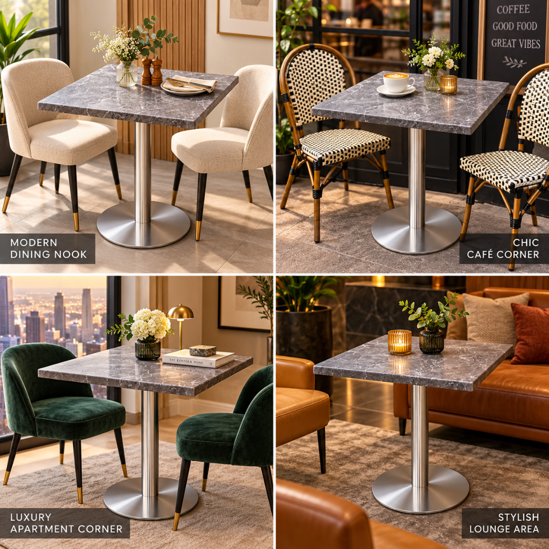 Wooden Twist Vellora Square Pedestal Table Grey Marble Finish – four room styles