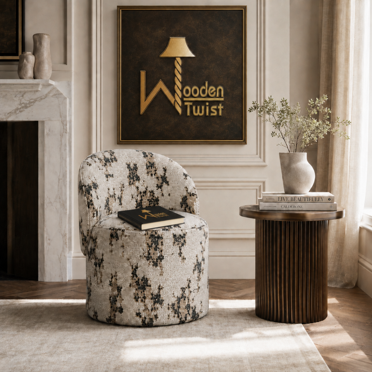Wooden Twist Modern Textured Fabric Accent Chair, lifestyle view beside side table