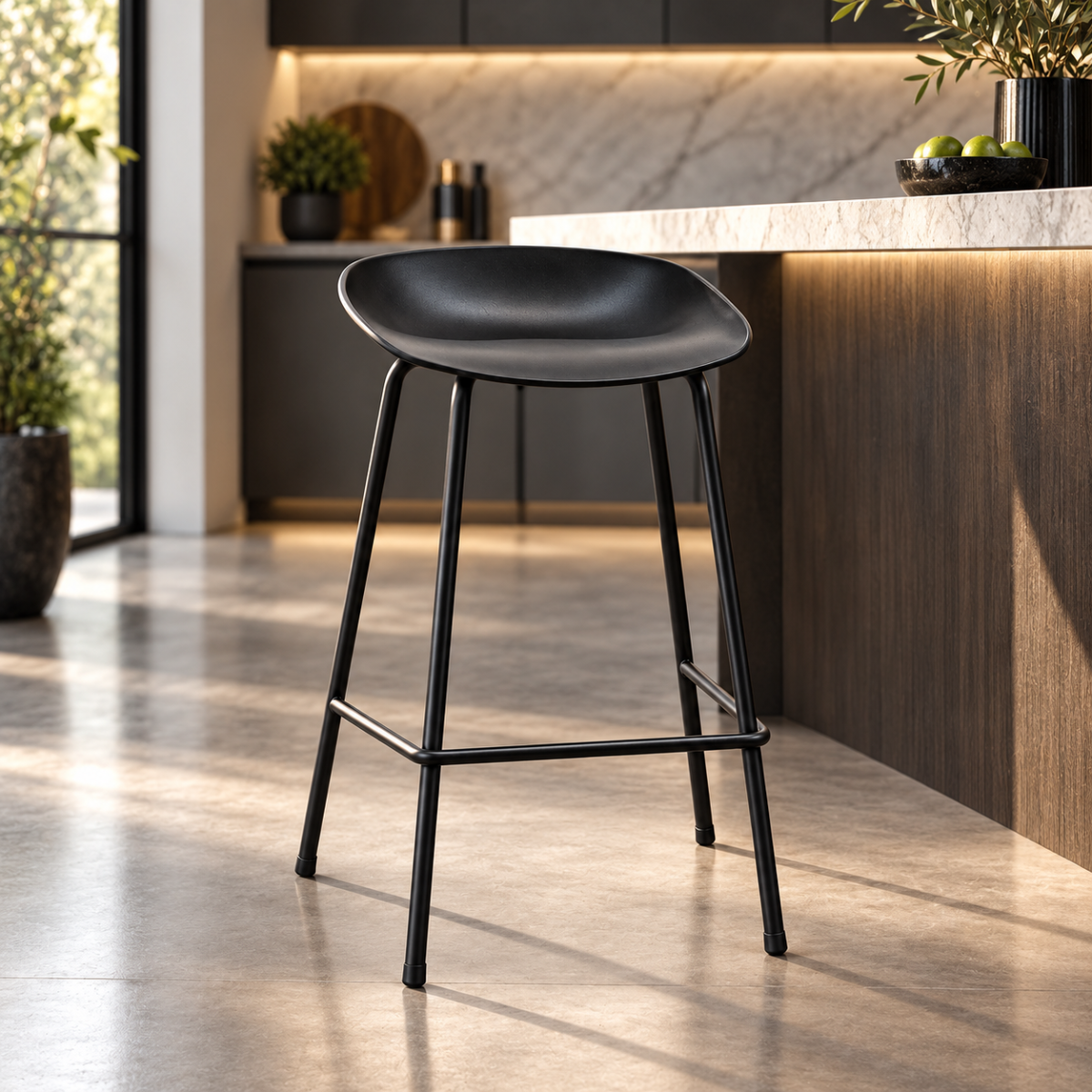 Wooden Twist NeroShell Modern Black Bar Stool in a modern kitchen island setting