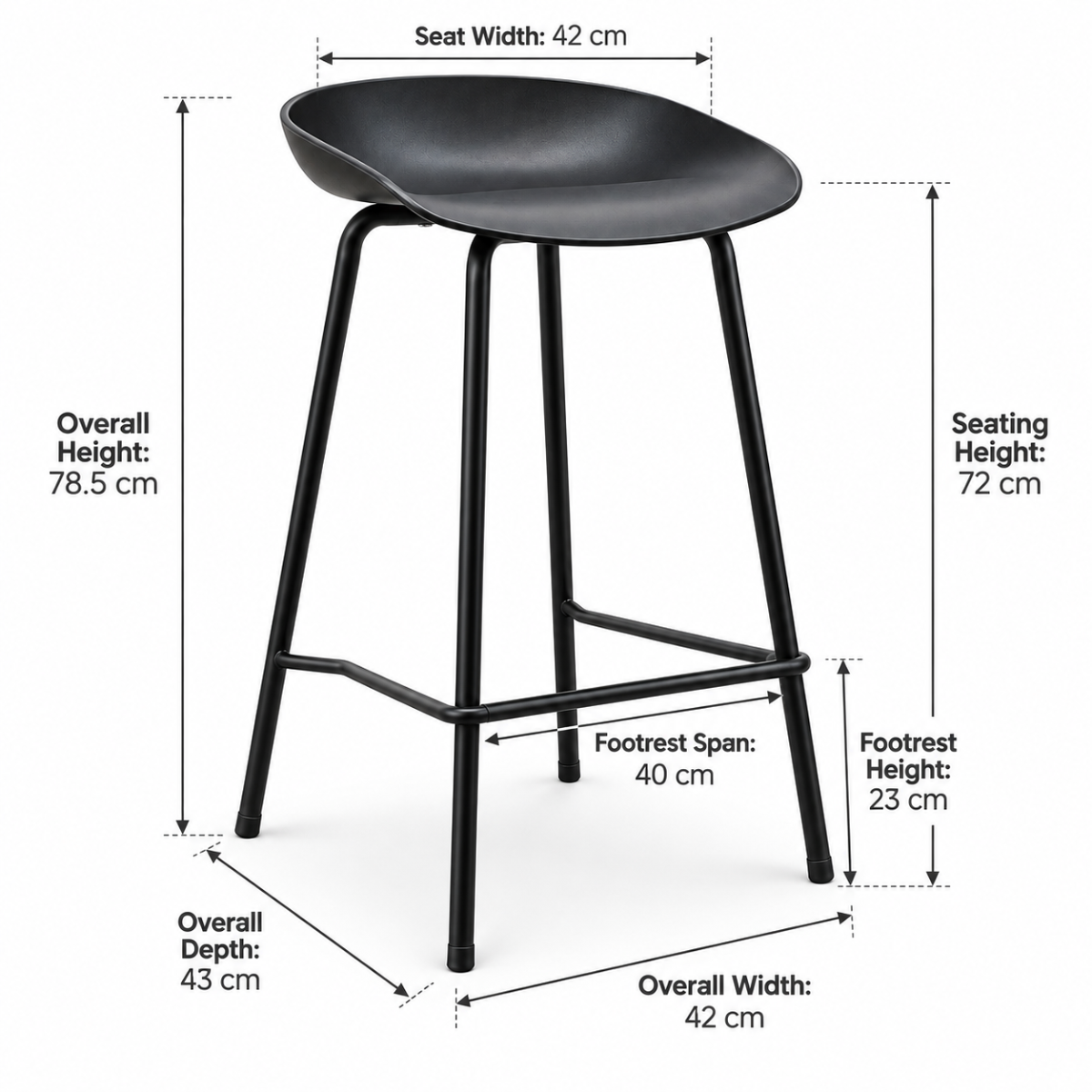 Wooden Twist NeroShell Modern Black Bar Stool dimensions diagram - height, width, depth, footrest