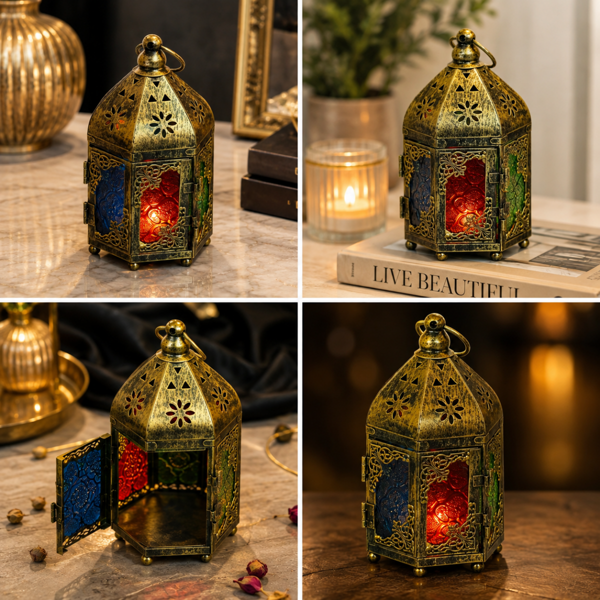 Wooden Twist Noorza Antique Brass Moroccan Lantern 20cm - product view showing blue, red and green glass panels