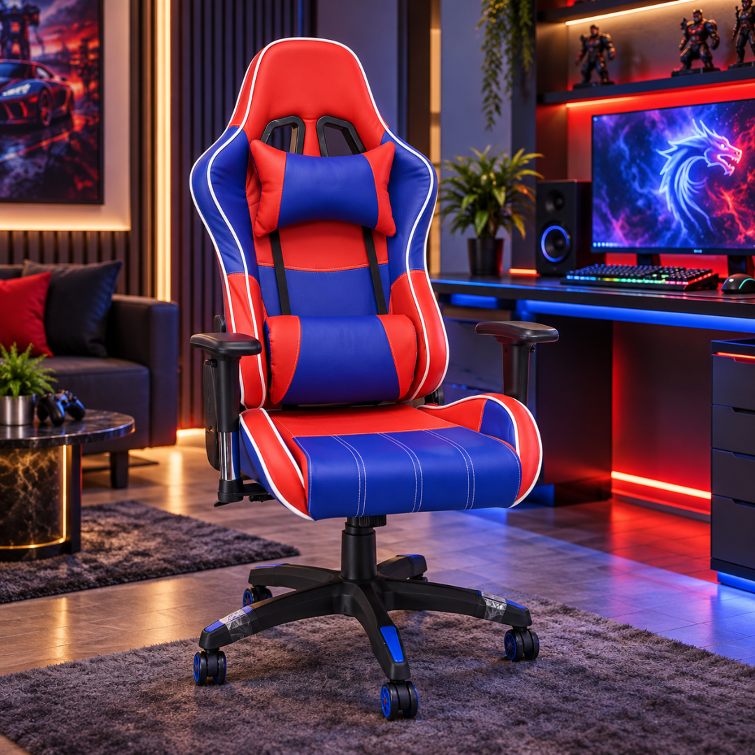 Wooden Twist Velocity Red & Blue Racing Gaming Chair – gaming room