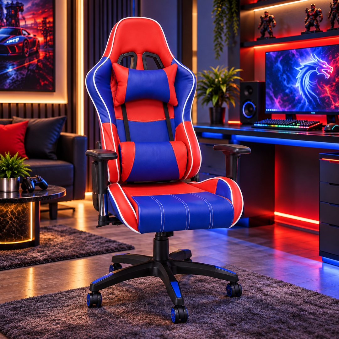 Wooden Twist Velocity Red & Blue Racing Gaming Chair – gaming setup